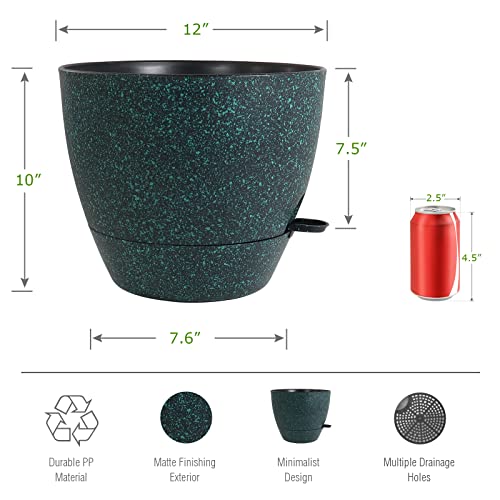 12inch 2Pack Large Self Watering Planters, Plastic Plant Pots with 60oZ Removable Deep Reservoir and Multi Mesh Drainage Holes for Indoor Outdoor Garden Plants and Flowers, Black with Green Speckles - color: Black With Green Speckles