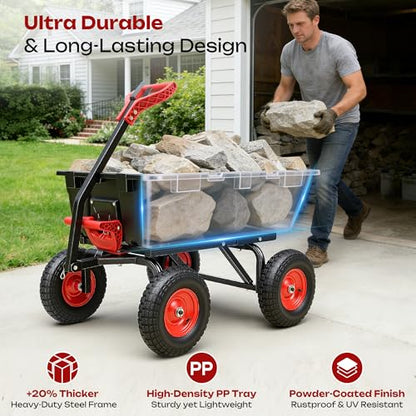 Autodaya 1400lbs Garden Dump Cart, Heavy Duty Wheelbarrow Wagon with Hitch - color: 1400lb|jet Black+red