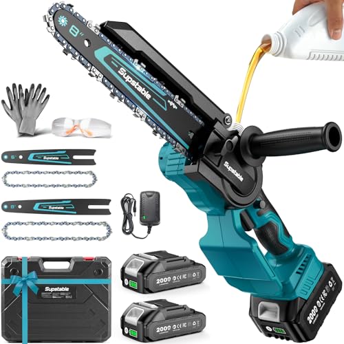 Mini Chainsaw Cordless, 8 Inch & 6 Inch Electric Chainsaw Battery Powered, 1000W Brushless Handheld Power Chain Saw with 2 Batteries, Small Tree Saw for Branch Trimming Wood Cutting - color: Blue