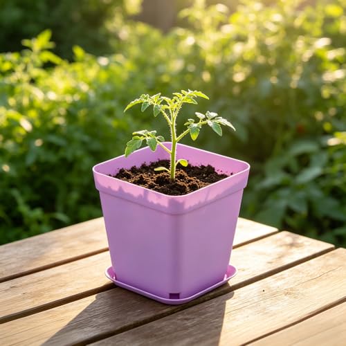HOIGON 100 Pack 3 Inch Square Nursery Pot, 5 Colors Durable Thickened Plastic Nursery Pots with Drain Holes and Saucers, Small Square Planting Containers for Flower Tomatoes Basil - color: Black, Purple, Green, Pink,yellow