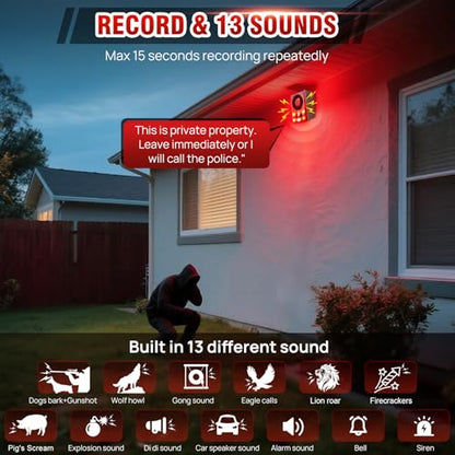 Solar Outdoor Motion Sensor Alarm, Dog Barking&Gunshot Sound,130db Loud - color: Red+Brown