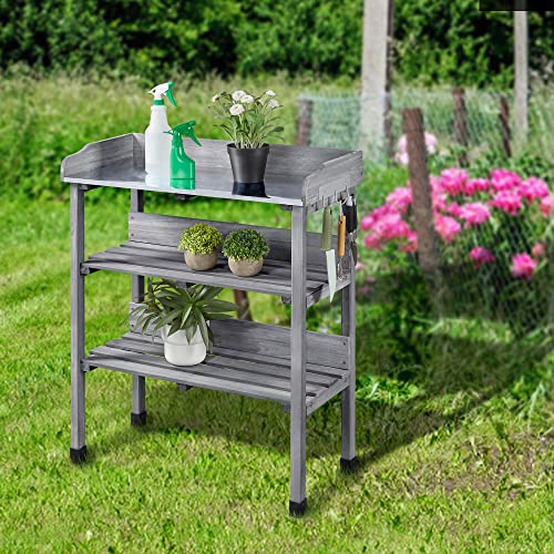 Topeakmart Potting Bench, Metal Top Garden Table for Outdoors,Gray - color: Gray