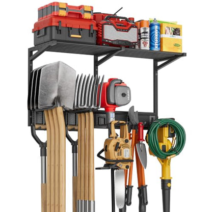 Garage Wall Organizer with Storage Shelves, 32" Garden Tool Organizer with Shelving Units and Hooks Hangers, Heavy Duty Metal Shelf with Shovel Rake Holder, Garage Organization Rack for Yard Shed Lawn