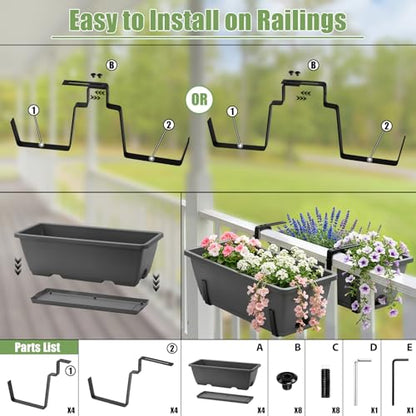 4-Pack Railing Planter Boxes with 2 Sets Double-Sided Adjustable Brackets - color: Gray