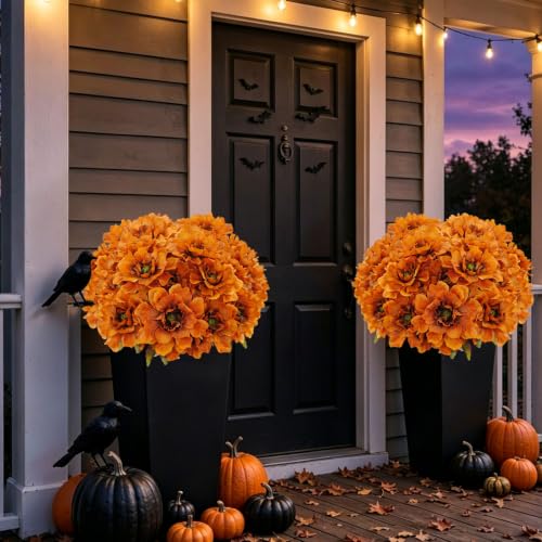 Fake Fall Flowers Artificial 4 Bundles Burnt Orange Mums for Vase - color: Brown Orange