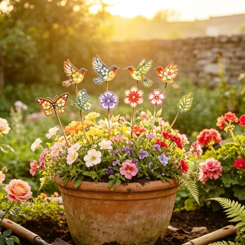 Garden Decor for Outside,10 PC Metal Flowers Hummingbird Butterfly Decorative Garden Stakes for Spring Decor,Yard Art Garden Decorations for Outdoor Lawn Porch Pathway,Gardening Gifts for Women