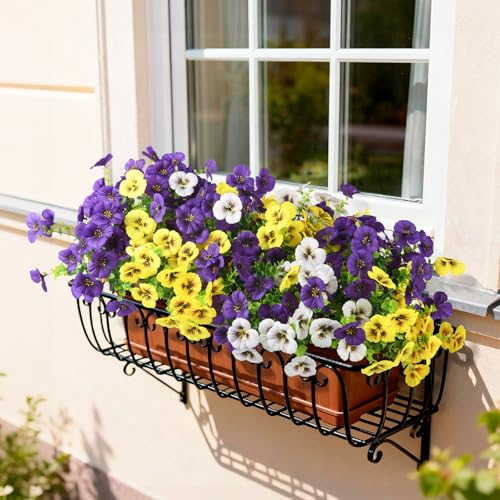 INQCMY Fake Artificial Pansy Flowers Plants for Outdoors UV Resistant - color: Deep Purple, Yellow, White