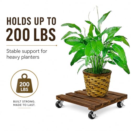 4 Pack Wooden Plant Stand With Wheels, 12" Rolling Planter Base Plant Stand, With Metal Lockable Caster Wheels, For Indoor Outdoor Plant Pots