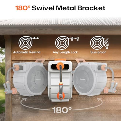 Retractable Garden Hose Reel, 1/2 Inch 150FT Wall Mounted Heavy Duty Garden Hose Reel with 9 Patterns Nozzle, Any Length Lock, Upgraded Slow Return System and 180°Swivel Metal Bracket (1/2" 150FT) - size: 1/2" 150FT