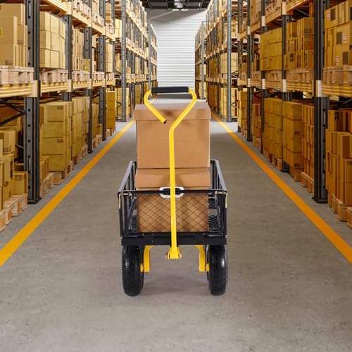 VEVOR Steel Garden Cart, Heavy Duty 500 lbs Capacity, with Removable Mesh Sides to Convert into Flatbed, Utility Metal Wagon with 180° Rotating Handle and 10 in Tires, Perfect for Garden, Farm, Yard - color: Blackyellow