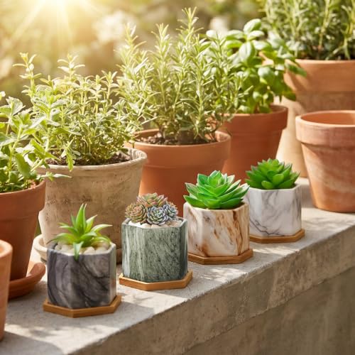 Ziliny Marbling Ceramic Flower Pot Succulent Small Plant Cactus Herbs Planter Ceramic Pot with Drainage Hole Matte Container(4 Pcs,Hexagon Style) - style: Hexagon Style