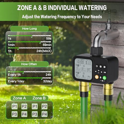 Sprinkler Timer 2 Outlets, Programmable Water Hose Timer with Rain Delay/Manual/Automatic Watering System, Outdoor Digital Automatic Irrigation for Garden Yard Lawn with Large Display(Black)