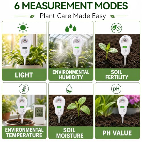 Soil Test Kit, 6-in-1 Soil Moisture Meter, PH/Sunlight/Soil Moisture/Fertility Monitor Indicator Sensor with 4 Removable Probe, Soil Tester for Garden, Lawn, Indoor and Outdoor Plants