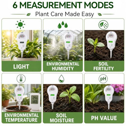 Soil Test Kit, 6-in-1 Soil Moisture Meter, PH/Sunlight/Soil Moisture/Fertility Monitor Indicator Sensor with 4 Removable Probe, Soil Tester for Garden, Lawn, Indoor and Outdoor Plants