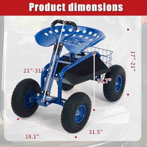 Rolling Garden Cart with Seat, Garden Workseat with 360-Degree Swivel - color: Blue