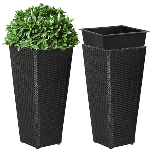 GIANTEX Tall Planters Set of 2, 24”H Tapered Rattan Planter, Black - color: Black, size: 11''x11''x24''