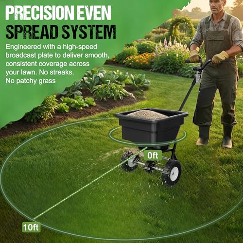 PPOLB Broadcast Spreader for Lawns, 100LB Fertilizer Spreader with 30-Level Flow Control, Walk Behind Lawn Seed & Salt Spreader, 0–10FT Coverage, Hopper Screen, Rain Cover, 12" Pneumatic Wheels - size: 100LBS