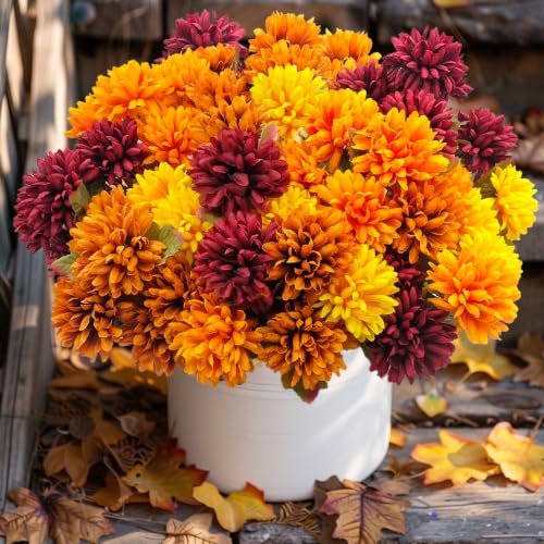 Fake Mums Flowers for Outdoors, 6 Pack 30 Heads Artificial Chrysanthemums Silk Fall Flower for Autumn Wedding Table Front Porch Halloween Diwali Cemetery Indoor Outside Decor (Mixcolor) - color: Mixcolor