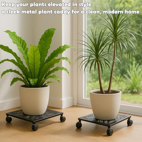 1-Pack 12 Inches Square Metal Plant Caddy with Wheels Heavy Duty Large Rolling Plant Stand Indoor Outdoor Wheeled Planter Dolly Cart with Lockable Casters Flower Pot Mover Roller Trolley, Black