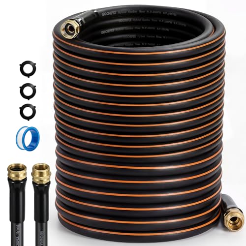 Garden Hose, 75ft 5/8" Heavy Duty Rubber Water Hose, 550 PSI Burst, 360° Anti-Kink Swivel Connectors, All-Weather Flexible, Leakproof 3/4" Brass Male to Female Fittings - size: 75ft