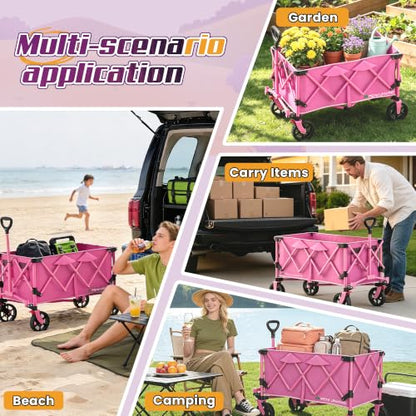 Wagons Carts Foldable,Collapsible Wagon with Wheels,450LBS Heavy Duty Beach Wagon Cart,Lightweight Portable Folding Utility Wagon Cart with Cup Holders for Camping, Garden, Sports, Grocery pcs (Pink) - color: Pink