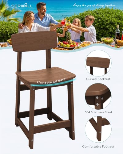 SERWALL Outdoor HDPE Counter-Height Bar Stools Set of 2, Brown - color: Brown, size: 2 Bar Stools