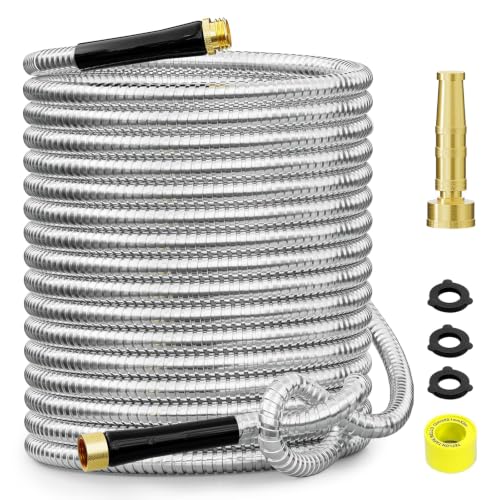 SPECILITE 100ft 304 Stainless Steel Metal Garden Hose with Rubber Grip - size: 100 ft, style: Rubber Grip