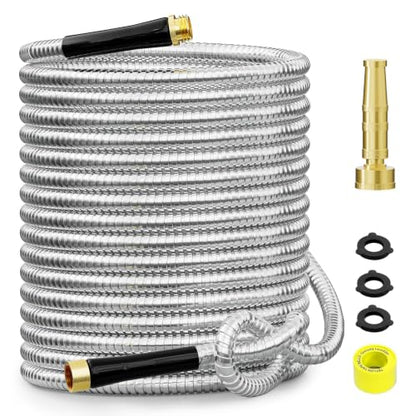 SPECILITE 100ft 304 Stainless Steel Metal Garden Hose with Rubber Grip - size: 100 ft, style: Rubber Grip
