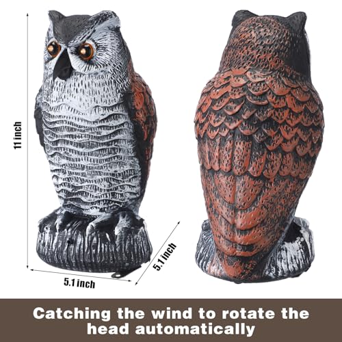 Qualirey 2 Pcs Fake Owl Decoys to Scare Birds Away with Glowing Eyes Battery Operated Fake Plastic Horned Owl Bird Scarecrow Decoy Bird Repellent Large Pigeon Deterrent for Yard Garden