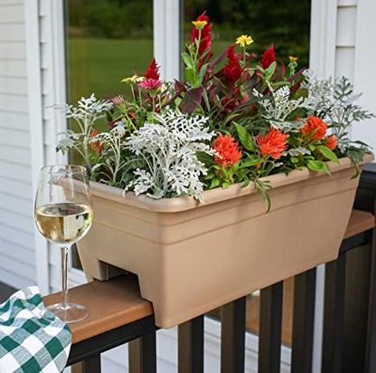 The HC Companies 24 Inch Deck Rail Planter Box with Drainage Plug, Lightweight UV-Resistant Plastic Outdoor Planters for Wood Deck Rail, Flower Box for Garden, Patio, Balcony, and Fence, Sandstone - color: Sandstone