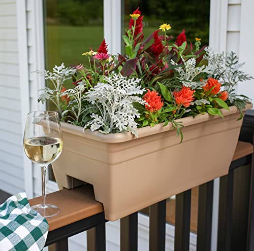 The HC Companies 24 Inch Deck Rail Planter Box with Drainage Plug, Lightweight UV-Resistant Plastic Outdoor Planters for Wood Deck Rail, Flower Box for Garden, Patio, Balcony, and Fence, Sandstone - color: Sandstone