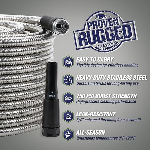 RUGGED RHINO Metal Garden Hose with Spray Nozzle, 304 Stainless Steel, 750 PSI Burst Strength, Heavy Duty Flexible Water Hose, Kink Resistant, Leakproof for Yard, Lawn and Outdoor Use, Silver 25FT - color: Silver, size: 25 Feet
