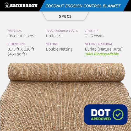 Sandbaggy Coconut Erosion Control Blanket – 3.75 ft x 120 ft Coir Mat for Soil Retention, Slope Stabilization, Plant Growth & Ground Cover–Ideal for Hillsides & DOT Projects - 50 Rolls (22,500 sq ft) - size: 50 Rolls (22,500 sq ft)