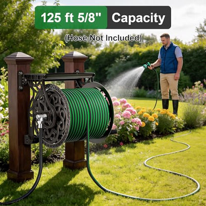 Garden Hose Reel Wall Mount Metal, Holds 125 ft x 5/8" Decorative Water Hose Holder for Outside Storage, Heavy Duty Aluminum Frame w/Shelf, No-Leak Aluminum Water System, Easy Assmbly, Dark Bronze