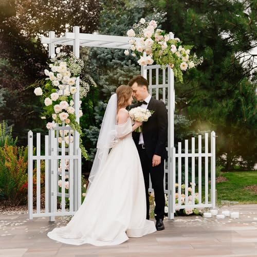 VINGLI Garden Arbor with Gate, PVC Wedding Arch for Ceremony Party, Garden Trellis for Climbing Plants Outdoor, Arch Backdrop Stand for Garden, Backyard, Lawn, Wedding