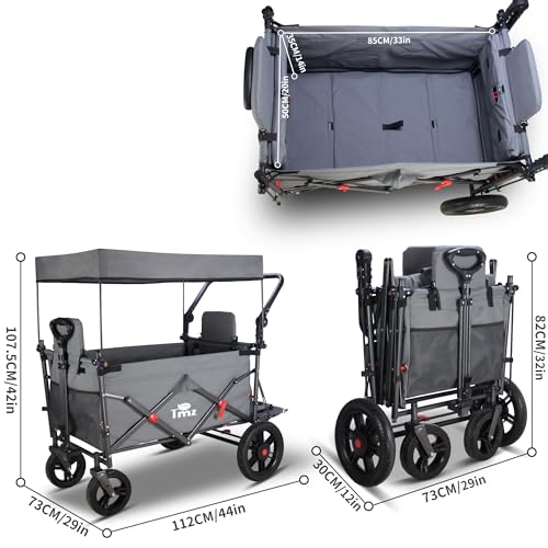 TMZ Collapsible Wagon with 2 Foldable Seats, Folding Cart with Removable Canopy, Heavy Duty Wagon 265LBS Load Capacity for Camping Garden Shopping (Grey) - color: Gray