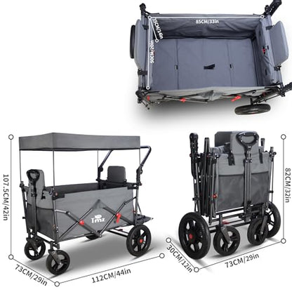 TMZ Collapsible Wagon with 2 Foldable Seats, Folding Cart with Removable Canopy, Heavy Duty Wagon 265LBS Load Capacity for Camping Garden Shopping (Grey) - color: Gray