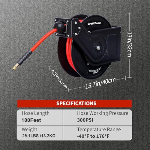 Retractable Air Hose Reel 100 FT | 300 PSI Air Compressor Hose Reel|3/8 Hybrid Polymer Hose | Heavy-Duty Steel Wall Mount Swivel Bracket|Auto Rewind | All-Weather Retractable Air Hose - Red - size: 100ft