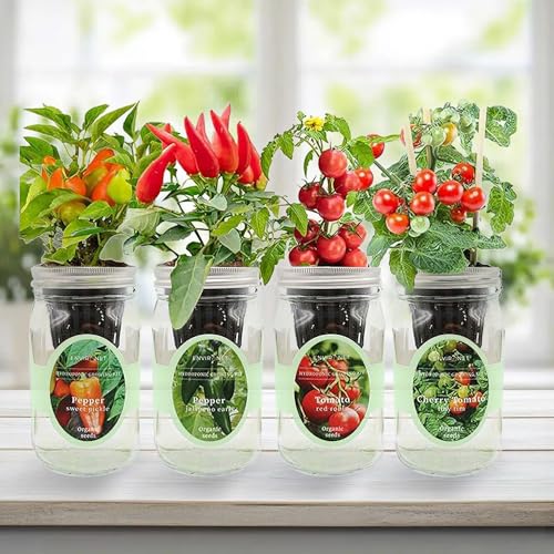 Hydroponic Herb Growing Kit Set, Self-Watering Mason Jar Herb Garden Starter Kit Indoor, Grow 4 Kinds of Herbs from Seeds (2 Tomato & 2 Pepper) - color: 2 Tomato & 2 Pepper