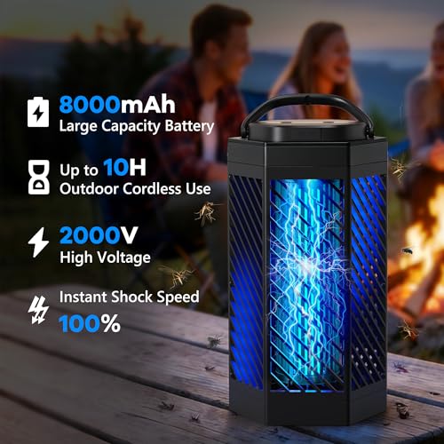 Bug Zapper Outdoor Indoor, 2 in 1 Rechargeable Mosquito Zapper with 8000mAh Battery and LED Light, USB Charging Electric Fly Zapper, Portable Fly Trap Mosquito Killer for Patio Backyard, Garden