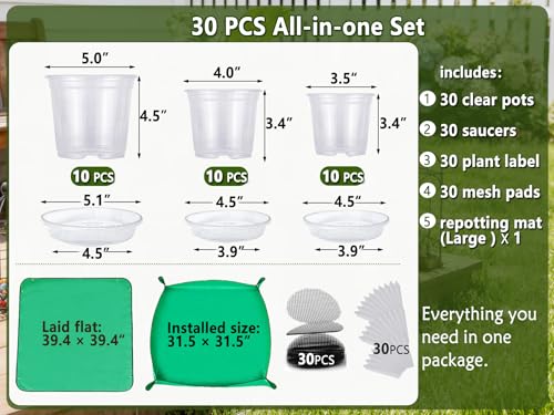 30-Pack Clear Nursery Pots with Saucers (3.5/4/5 Inch) –Transparent Plastic Plant Pots with Drainage Holes and Repotting Mat, Assorted Sizes for Seed Starting, Succulents, Indoor/Outdoor Use - color: Pots+ Saucers+ Repotting Mat, size: 3.5/4/5"-30 sets