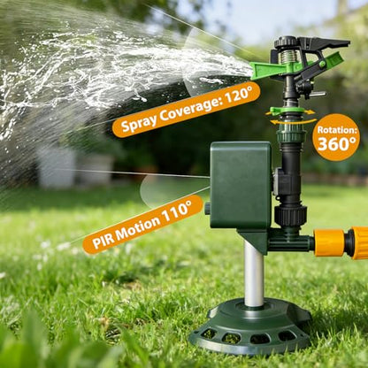Solar Powered Motion Sensor Animal Repellent Sprinkler with Flashing Light, IP65 Waterproof Outdoor Deer & Dog Deterrent for Garden and Lawn Protection