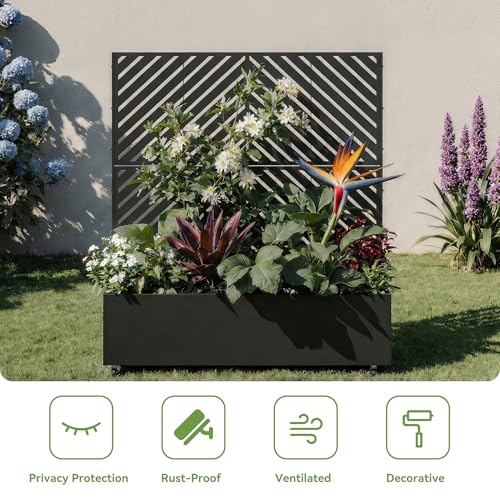 Metal Raised Garden Bed with Trellis and Wheels, 47"x47"x16" (Black-Arrow) - color: Black-arrow, size: 47"x47"x16"