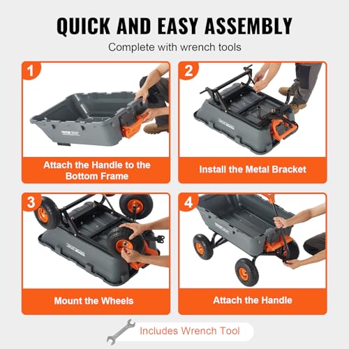 VEVOR 800lbs Poly Dump Garden Cart, Heavy Duty Yard Dump Cart Wagon, 4 Wheel Wheelbarrow with 10in Tires, 180°Rotating Handle, Steel Frame and Quick Release System - color: Gray