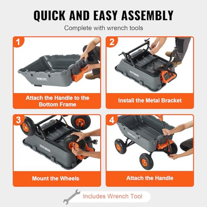 VEVOR 800lbs Poly Dump Garden Cart, Heavy Duty Yard Dump Cart Wagon, 4 Wheel Wheelbarrow with 10in Tires, 180°Rotating Handle, Steel Frame and Quick Release System - color: Gray