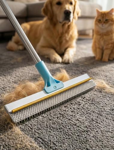 DELOMO Carpet Rake for Pet Hair Removal, Dual-Sided Rug Rake Scraper Broom