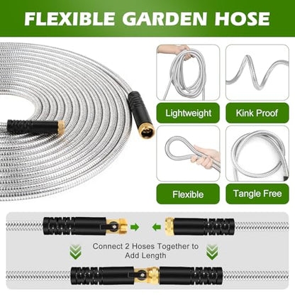 Metal Garden Hose 75 ft Stainless Steel Heavy Duty Water Hose with 10 Function Nozzles Flexible Lightweight Kink-Free Leakproof Sturdy Hoses Pipe 3/4" Brass Fitting for Outdoor Yard Lawn RV - size: 75FT