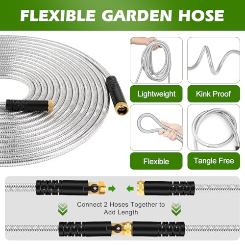 Metal Garden Hose 25 ft Stainless Steel Heavy Duty Water Hose with 10 Function Nozzles Flexible Lightweight Kink-Free Leakproof Sturdy Hoses Pipe 3/4" Brass Fitting for Outdoor Yard Lawn RV - size: 25FT