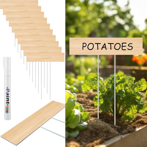 Vercraft 10 Set Jumbo Outdoor Plant Label Stakes with Marker, Wood Color