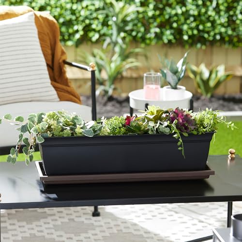 The HC Companies Akro Mils Farmhouse Venetian 24 Inch Rectangular Plastic Ridged Flower Box Plant Saucer Drip Tray, Chocolate (4 Pack)